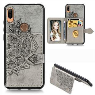 For Huawei Y6 (2019) Mandala Embossed Magnetic Cloth PU + TPU + PC Case with Holder & Card Slots & Wallet & Photo Frame & Strap(Gray)