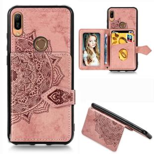 For Huawei Y6 (2019) Mandala Embossed Magnetic Cloth PU + TPU + PC Case with Holder & Card Slots & Wallet & Photo Frame & Strap(Rose Gold)