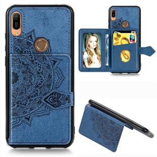 For Huawei Y6 (2019) Mandala Embossed Magnetic Cloth PU + TPU + PC Case with Holder & Card Slots & Wallet & Photo Frame & Strap(Blue)