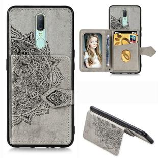 For OPPO F11/A9 Mandala Embossed Magnetic Cloth PU + TPU + PC Case with Holder & Card Slots & Wallet & Photo Frame & Strap(Gray)