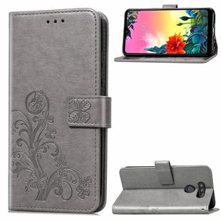 For LG K50S Four-leaf Clasp Embossed Buckle Mobile Phone Protection Leather Case with Lanyard & Card Slot & Wallet & Bracket Function(Gray)