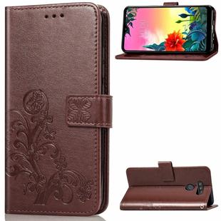 For LG K50S Four-leaf Clasp Embossed Buckle Mobile Phone Protection Leather Case with Lanyard & Card Slot & Wallet & Bracket Function(Brown)