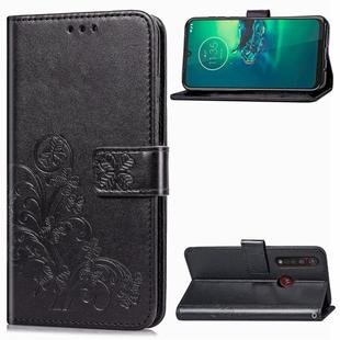 For Motorola G8 Plus  Four-leaf Clasp Embossed Buckle Mobile Phone Protection Leather Case with Lanyard & Card Slot & Wallet & Bracket Function(Black)