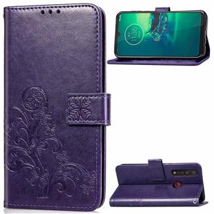 For Motorola G8 Plus  Four-leaf Clasp Embossed Buckle Mobile Phone Protection Leather Case with Lanyard & Card Slot & Wallet & Bracket Function(Purple)