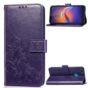 For Motorola E6 Play Four-leaf Clasp Embossed Buckle Mobile Phone Protection Leather Case with Lanyard & Card Slot & Wallet & Bracket Function(Purple)