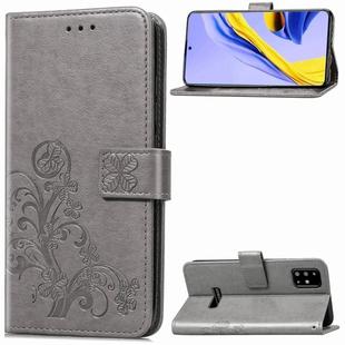 For Galaxy A51 Four-leaf Clasp Embossed Buckle Mobile Phone Protection Leather Case with Lanyard & Card Slot & Wallet & Bracket Function(Gray)