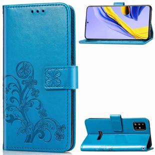 For Galaxy A51 Four-leaf Clasp Embossed Buckle Mobile Phone Protection Leather Case with Lanyard & Card Slot & Wallet & Bracket Function(Blue)
