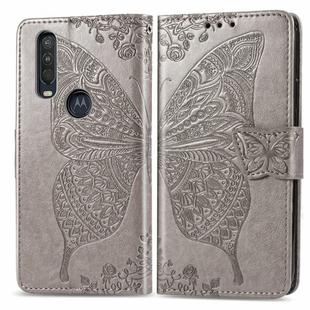 For Motorola One Action Butterfly Love Flower Embossed Horizontal Flip Leather Case with Bracket Lanyard Card Slot Wallet(Gray)