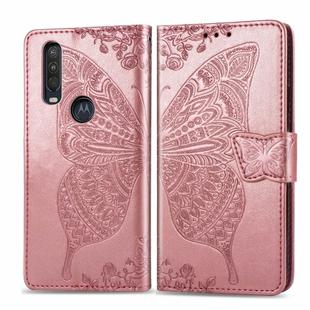 For Motorola One Action Butterfly Love Flower Embossed Horizontal Flip Leather Case with Bracket Lanyard Card Slot Wallet(Rose Gold)