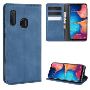 For Galaxy A20e Retro-skin Business Magnetic Suction Leather Case with Holder & Card Slots & Wallet(Dark Blue)