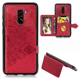 For Xiaomi Pocophone F1 Mandala Embossed Magnetic Cloth PU + TPU + PC Case with Holder & Card Slots & Wallet & Photo Frame & Strap(Red)