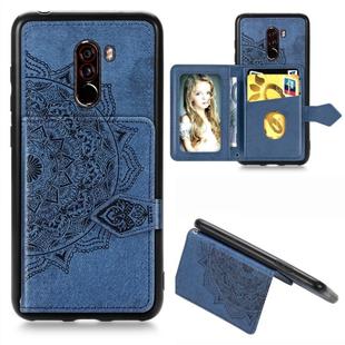 For Xiaomi Pocophone F1 Mandala Embossed Magnetic Cloth PU + TPU + PC Case with Holder & Card Slots & Wallet & Photo Frame & Strap(Blue)