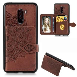 For Xiaomi Pocophone F1 Mandala Embossed Magnetic Cloth PU + TPU + PC Case with Holder & Card Slots & Wallet & Photo Frame & Strap(Brown)