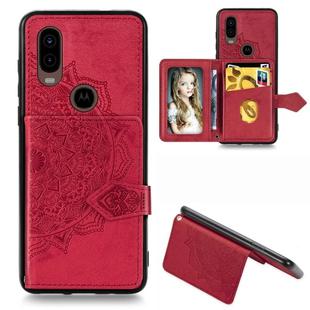 For Motorola P40 Mandala Embossed Magnetic Cloth PU + TPU + PC Case with Holder & Card Slots & Wallet & Photo Frame & Strap(Red)