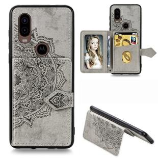For Motorola P40 Mandala Embossed Magnetic Cloth PU + TPU + PC Case with Holder & Card Slots & Wallet & Photo Frame & Strap(Gray)