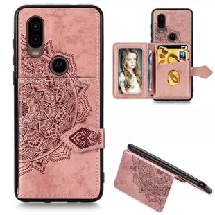 For Motorola P40 Mandala Embossed Magnetic Cloth PU + TPU + PC Case with Holder & Card Slots & Wallet & Photo Frame & Strap(Rose Gold)