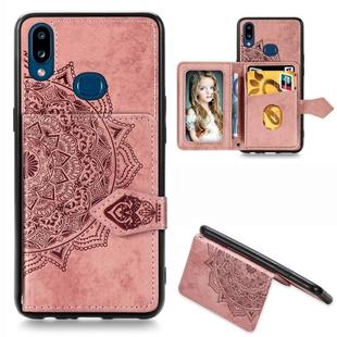For Galaxy A10s Mandala Embossed Magnetic Cloth PU + TPU + PC Case with Holder & Card Slots & Wallet & Photo Frame & Strap(Rose Gold)