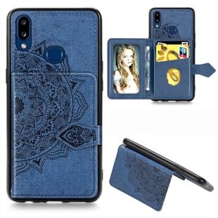 For Galaxy A10s Mandala Embossed Magnetic Cloth PU + TPU + PC Case with Holder & Card Slots & Wallet & Photo Frame & Strap(Blue)