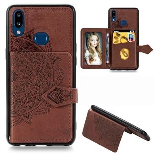 For Galaxy A10s Mandala Embossed Magnetic Cloth PU + TPU + PC Case with Holder & Card Slots & Wallet & Photo Frame & Strap(Brown)