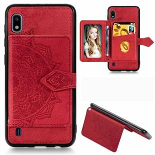 For Galaxy A10 Mandala Embossed Magnetic Cloth PU + TPU + PC Case with Holder & Card Slots & Wallet & Photo Frame & Strap(Red)