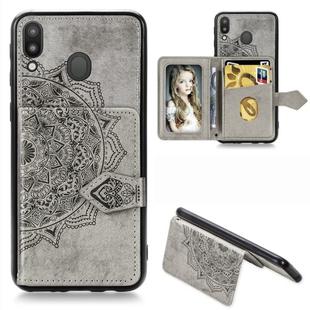 For Galaxy M20 Mandala Embossed Magnetic Cloth PU + TPU + PC Case with Holder & Card Slots & Wallet & Photo Frame & Strap(Gray)