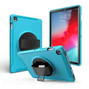 For iPad 9.7 2017/2018  360 Degree Rotation PC + Silicone Protective Case with Holder & Hand-strap(Light Blue)