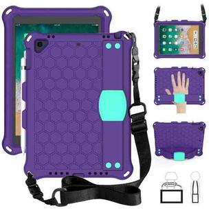 For iPad 9.7 2017/2018 Honeycomb Design EVA + PC Four Corner Anti Falling Flat Protective Shell With Straps(Purple + Mint)