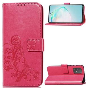 For Galaxy A91  Four-leaf Clasp Embossed Buckle Mobile Phone Protection Leather Case with Lanyard & Card Slot & Wallet & Bracket Function(Magenta)