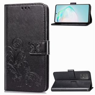 For Galaxy A91  Four-leaf Clasp Embossed Buckle Mobile Phone Protection Leather Case with Lanyard & Card Slot & Wallet & Bracket Function(Black)