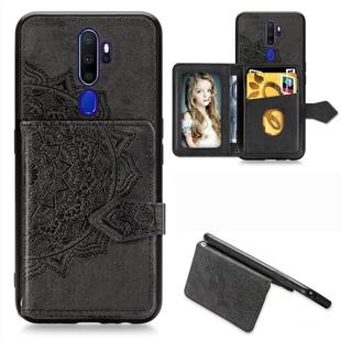 For Oppo A9（2020） Mandala Embossed Magnetic Cloth PU + TPU + PC Case with Holder & Card Slots & Wallet & Photo Frame & Strap(Black)
