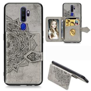 For Oppo A9（2020） Mandala Embossed Magnetic Cloth PU + TPU + PC Case with Holder & Card Slots & Wallet & Photo Frame & Strap(Gray)