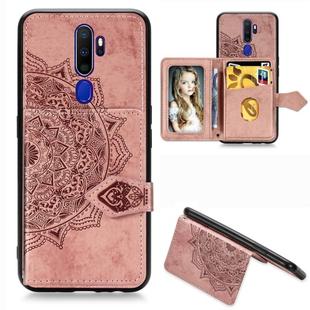 For Oppo A9（2020） Mandala Embossed Magnetic Cloth PU + TPU + PC Case with Holder & Card Slots & Wallet & Photo Frame & Strap(Rose Gold)
