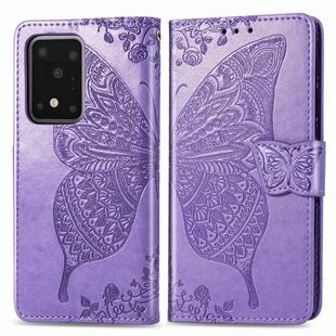 For Samsung Galaxy S20 Ultra Butterfly Love Flower Embossed Horizontal Flip Leather Case with Bracket / Card Slot / Wallet / Lanyard(Light Purple)