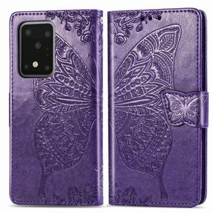 For Samsung Galaxy S20 Ultra Butterfly Love Flower Embossed Horizontal Flip Leather Case with Bracket / Card Slot / Wallet / Lanyard(Dark Purple)