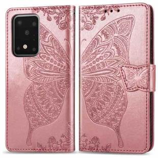 For Galaxy S20 Ultra Butterfly Love Flowers Embossing Horizontal Flip Leather Case with Holder & Card Slots & Wallet & Lanyard(Rose Gold)