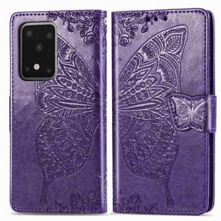 For Galaxy S20 Ultra Butterfly Love Flowers Embossing Horizontal Flip Leather Case with Holder & Card Slots & Wallet & Lanyard(Dark Purple)