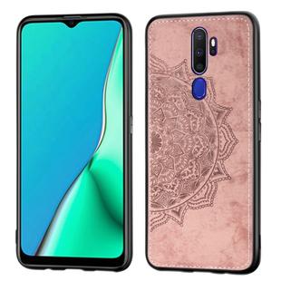 For Oppo A9 (2020) / A5 (2020) Mandala Embossed Cloth Cover PC + TPU Mobile Phone Case with Magnetic Function and Hand Strap(Rose Gold)