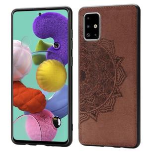 For Galaxy A51 Mandala Embossed Cloth Cover PC + TPU Mobile Phone Case with Magnetic Function and Hand Strap(Brown)