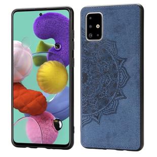 For Galaxy A51 Mandala Embossed Cloth Cover PC + TPU Mobile Phone Case with Magnetic Function and Hand Strap(Blue)