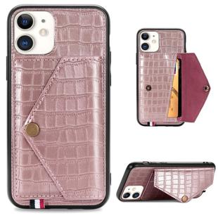 For iPhone 11 Crocodile Pattern PU+TPU+PVC Shatter-resistant Mobile Phone Case with Magnetic Invisible Holder & Holder & Card Slots(Rose Gold)