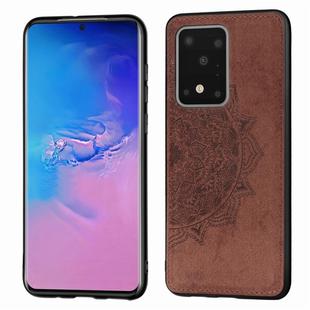 For Galaxy S20 Ultra Mandala Embossed Cloth Cover PC + TPU Mobile Phone Case with Magnetic Function and Hand Strap(Brown)