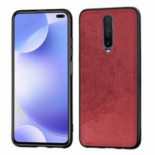 For Xiaomi Redmi K30 Mandala Embossed Cloth Cover PC + TPU Mobile Phone Case with Magnetic Function and Hand Strap(Red)