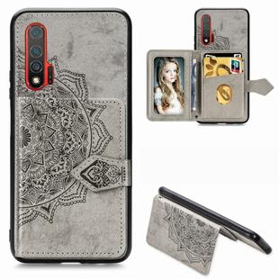 For Huawei Nova 6 Mandala Embossed Magnetic Cloth PU + TPU + PC Case with Holder & Card Slots & Wallet & Photo Frame & Strap(Gray)