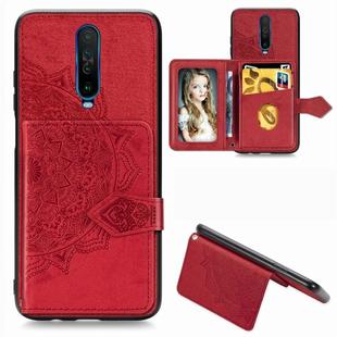 For Xiaomi Redmi K30 Mandala Embossed Magnetic Cloth PU + TPU + PC Case with Holder & Card Slots & Wallet & Photo Frame & Strap(Red)
