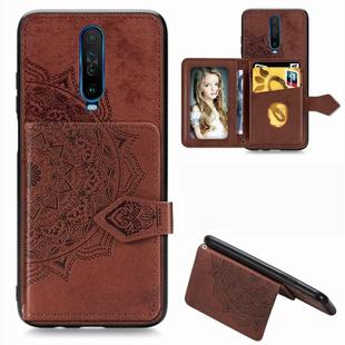 For Xiaomi Redmi K30 Mandala Embossed Magnetic Cloth PU + TPU + PC Case with Holder & Card Slots & Wallet & Photo Frame & Strap(Brown)