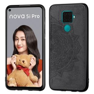 For Huawei Nova 5i Pro Mandala Embossed Cloth Cover PC + TPU Mobile Phone Case with Magnetic Function and Hand Strap(Black)
