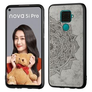 For Huawei Nova 5i Pro Mandala Embossed Cloth Cover PC + TPU Mobile Phone Case with Magnetic Function and Hand Strap(Gray)