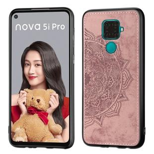 For Huawei Nova 5i Pro Mandala Embossed Cloth Cover PC + TPU Mobile Phone Case with Magnetic Function and Hand Strap(Rose Gold)