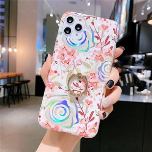For iPhone 11 Colorful Laser Flower Series IMD TPU Mobile Phone Case With Ring Bracket Rhinestones(Lyre Coral   KC4)