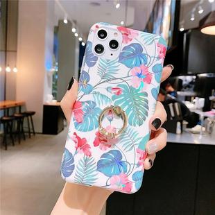 For iPhone 11 Colorful Laser Flower Series IMD TPU Mobile Phone Case With Ring Bracket Rhinestones(Monstera KC3)